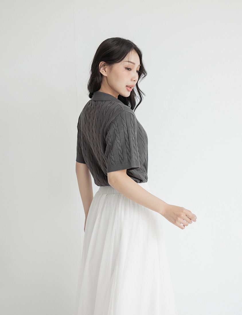 Heart Embroidered V-Neck Cable Knit Short Sleeve Plus Size Top