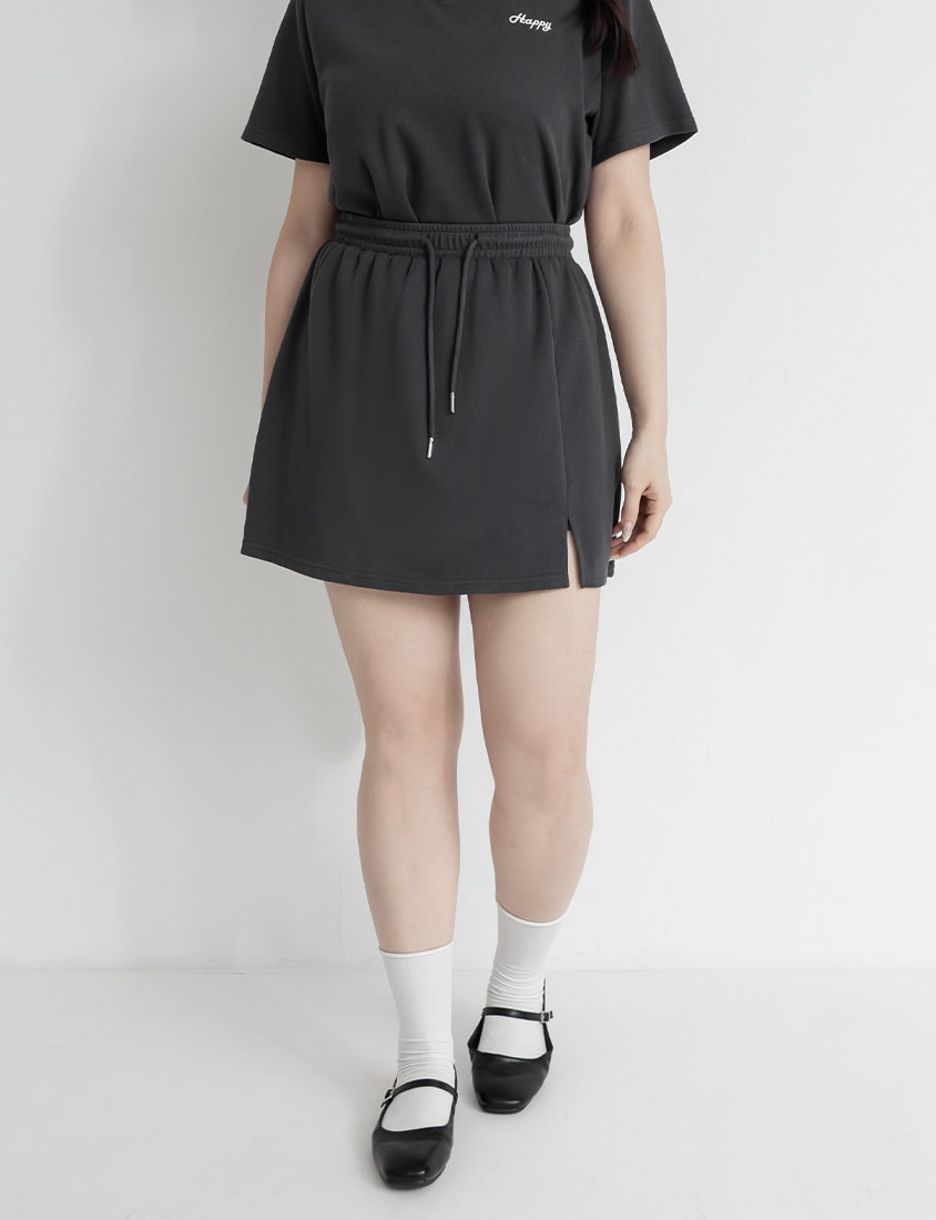 Soft Stretch Cotton Side Slit Drawstring Plus Size Mini Skirt