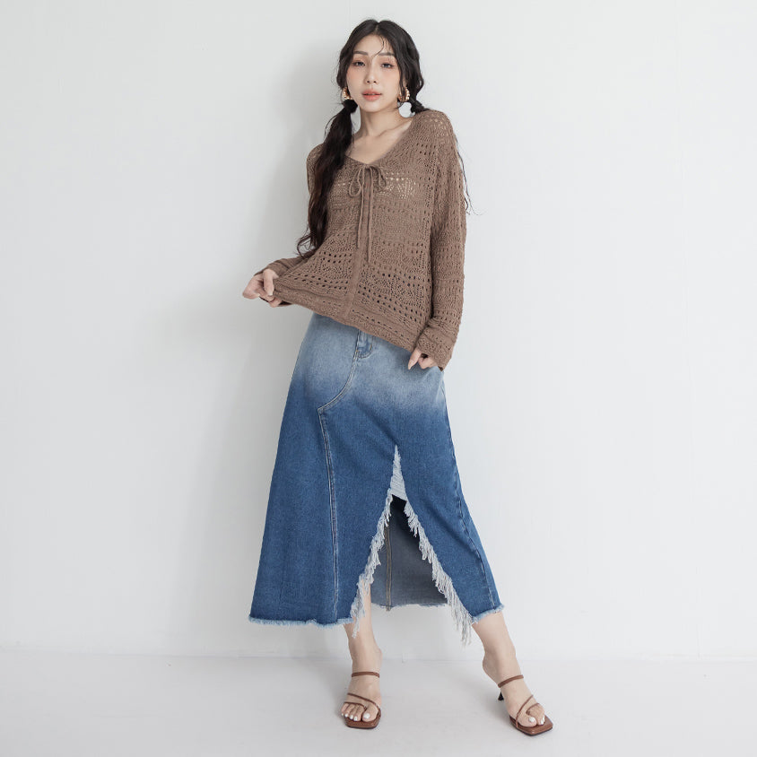 MUA! Lace Openwork Drawstring Knit Plus Size Top