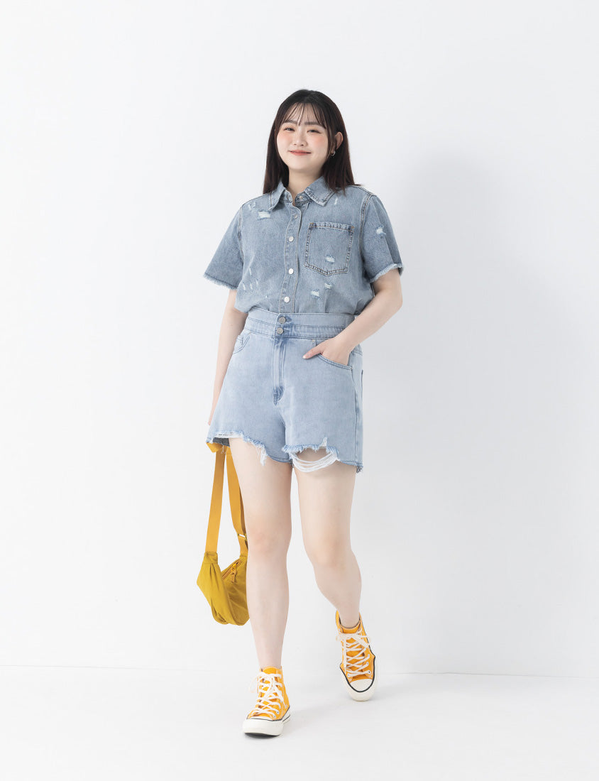 Tencel Silky Denim Distressed Plus Size Shirt Jacket