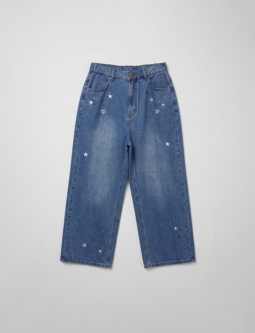 Star Embroidered Denim Plus Size Wide Leg Jeans