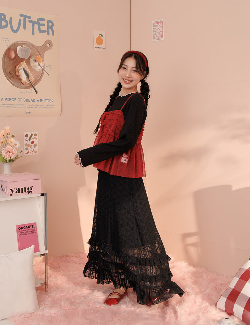 Soft Wide Ribbed Ruffle-Trim Long Sleeve Plus Size Top