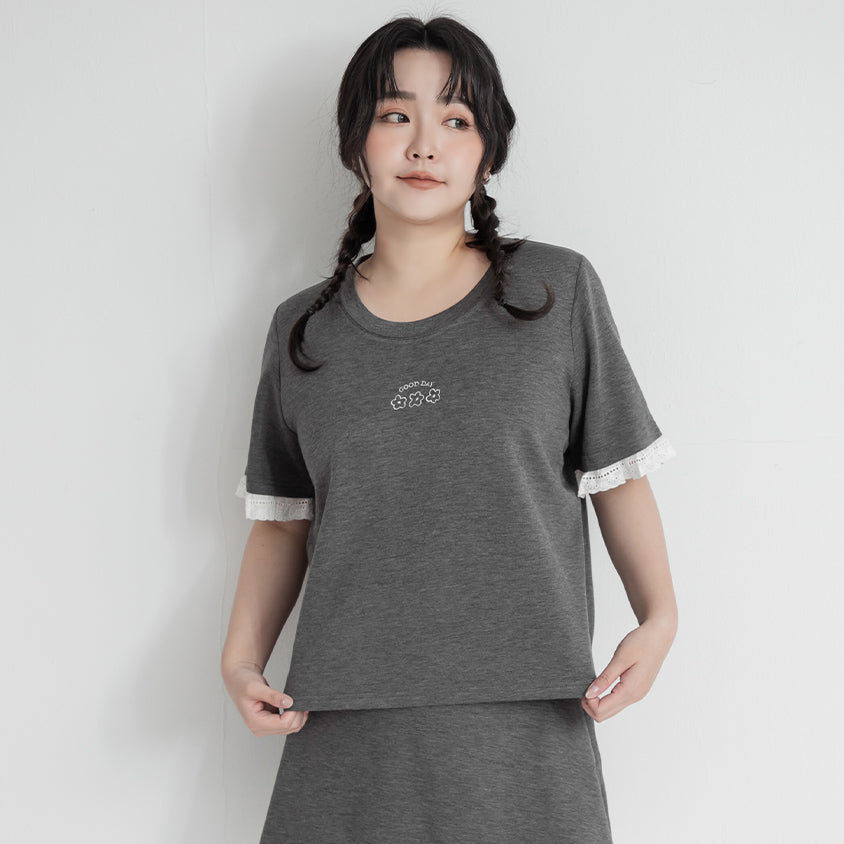 Lace Trim Floral Cloud Cotton Plus Size Tee