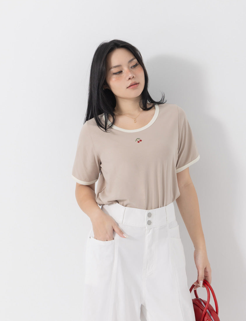 Contrast Cherry Embroidery Crewneck Plus Size Tee
