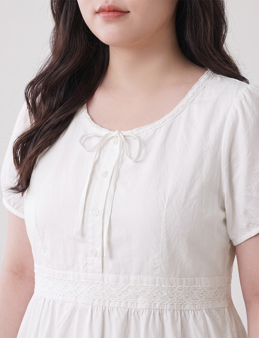 Tie Crew Neck Lace Panel Plus Size Mini Dress