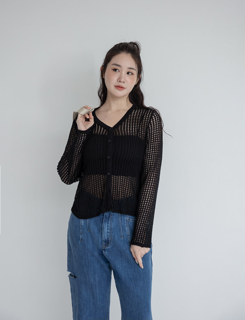 V-Neck Ice Silk Openwork Knit Plus Size Cardigan