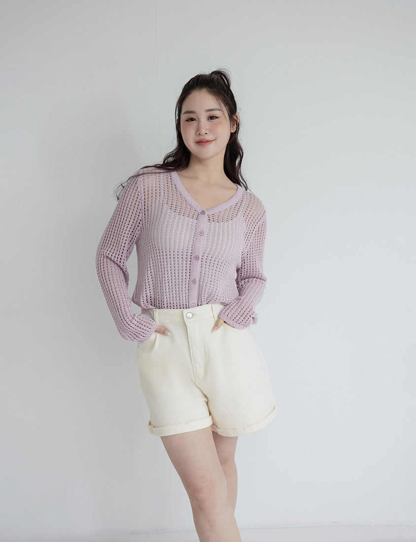 V-Neck Ice Silk Openwork Knit Plus Size Cardigan