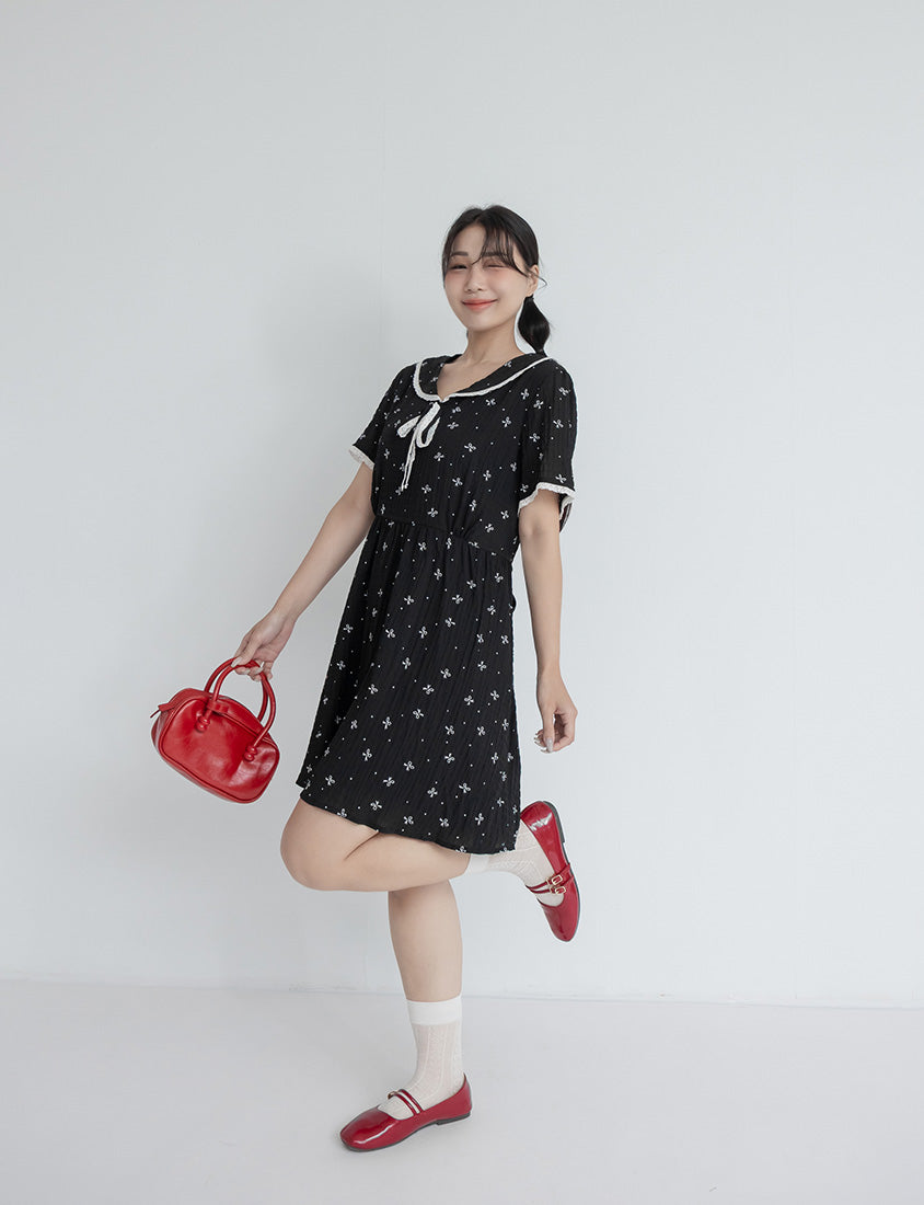 All-Over Bow Collared Plus Size Mini Dress