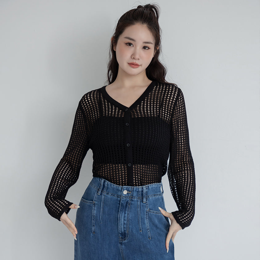 V-Neck Ice Silk Openwork Knit Plus Size Cardigan