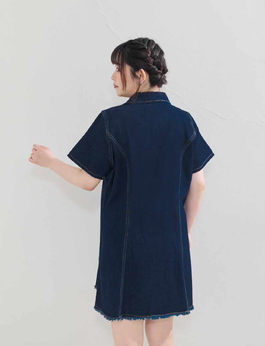 Frayed Hem Pocket Denim Plus Size Mini Dress
