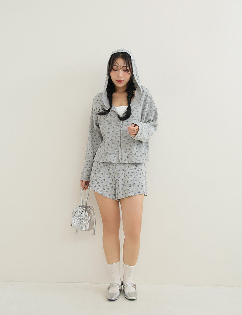 Sweet Floral Waffle Cropped Plus Size Hoodie