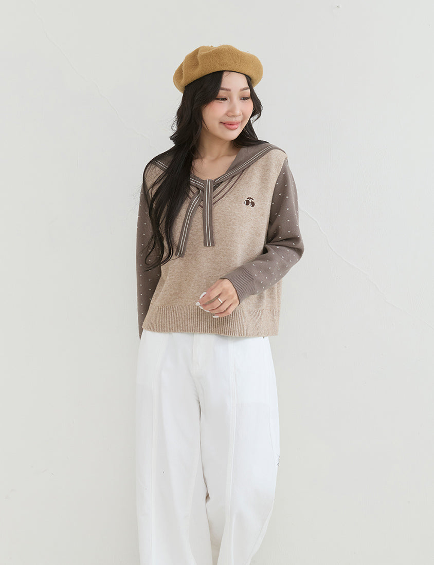 Sweet Heart Sailor Collar Long Sleeve Knit Plus SizeTop