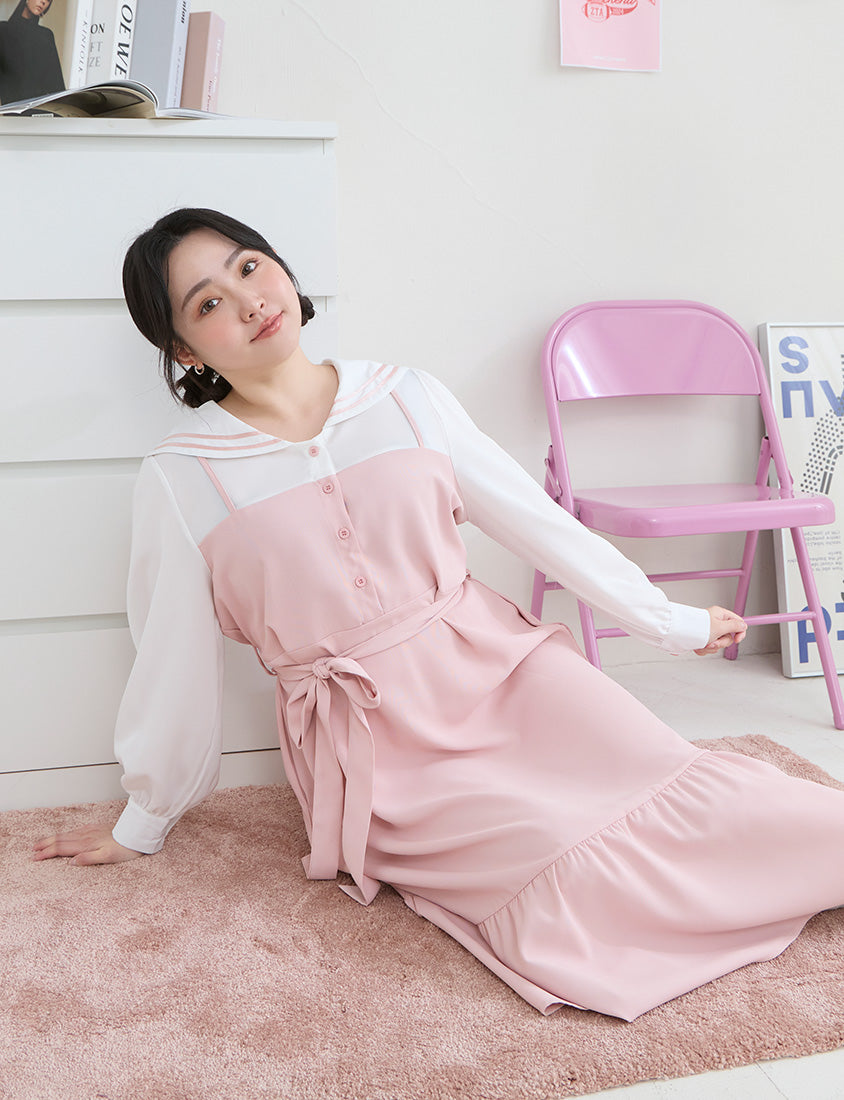 Contrast Sailor Collar Faux Two Piece Plus Size Maxi Dress (With Waist Tie)