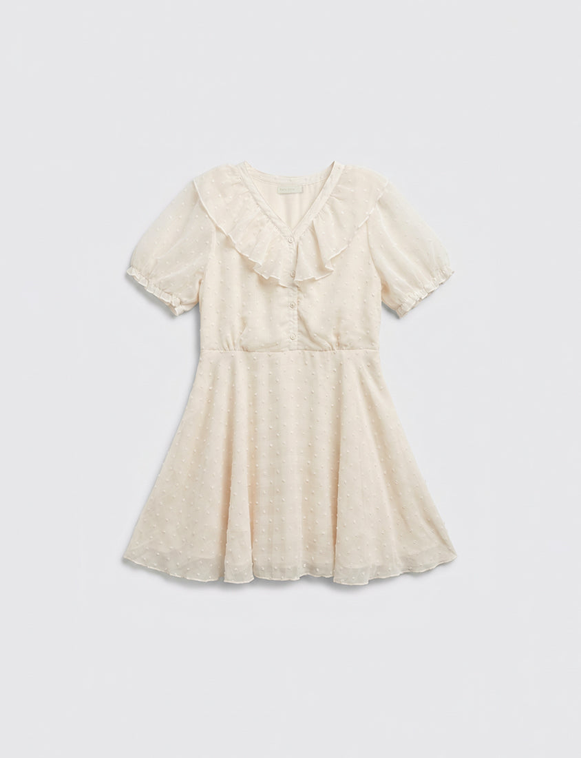 MISS. Polka Dot Jacquard Ruffle V-Neck Plus Size Mini Dress