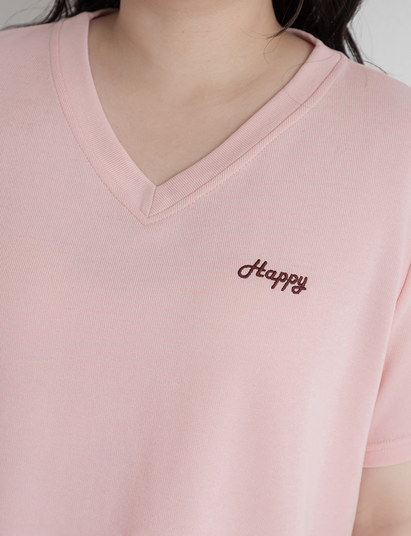 Soft Stretch Cotton Minimal Embroidered V-Neck Plus Size Tee