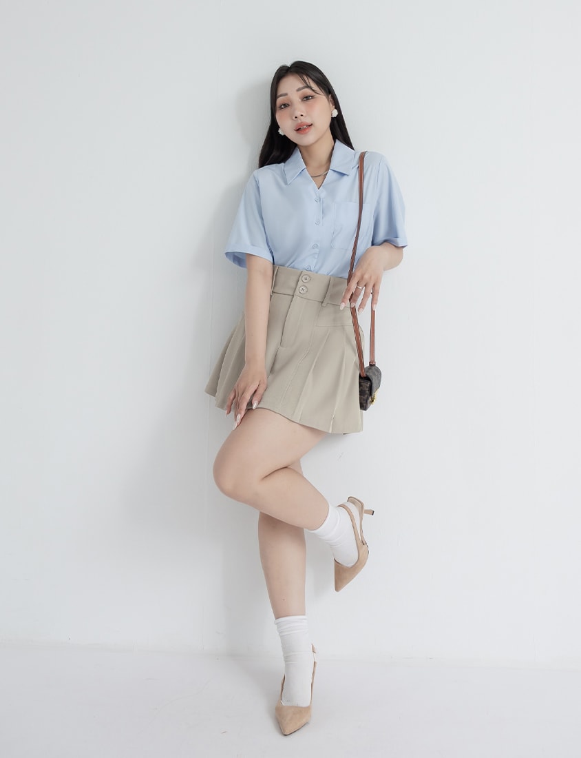 MISS. High Waist Tummy Flattering Pleated Tailored Plus Size Mini Skirt