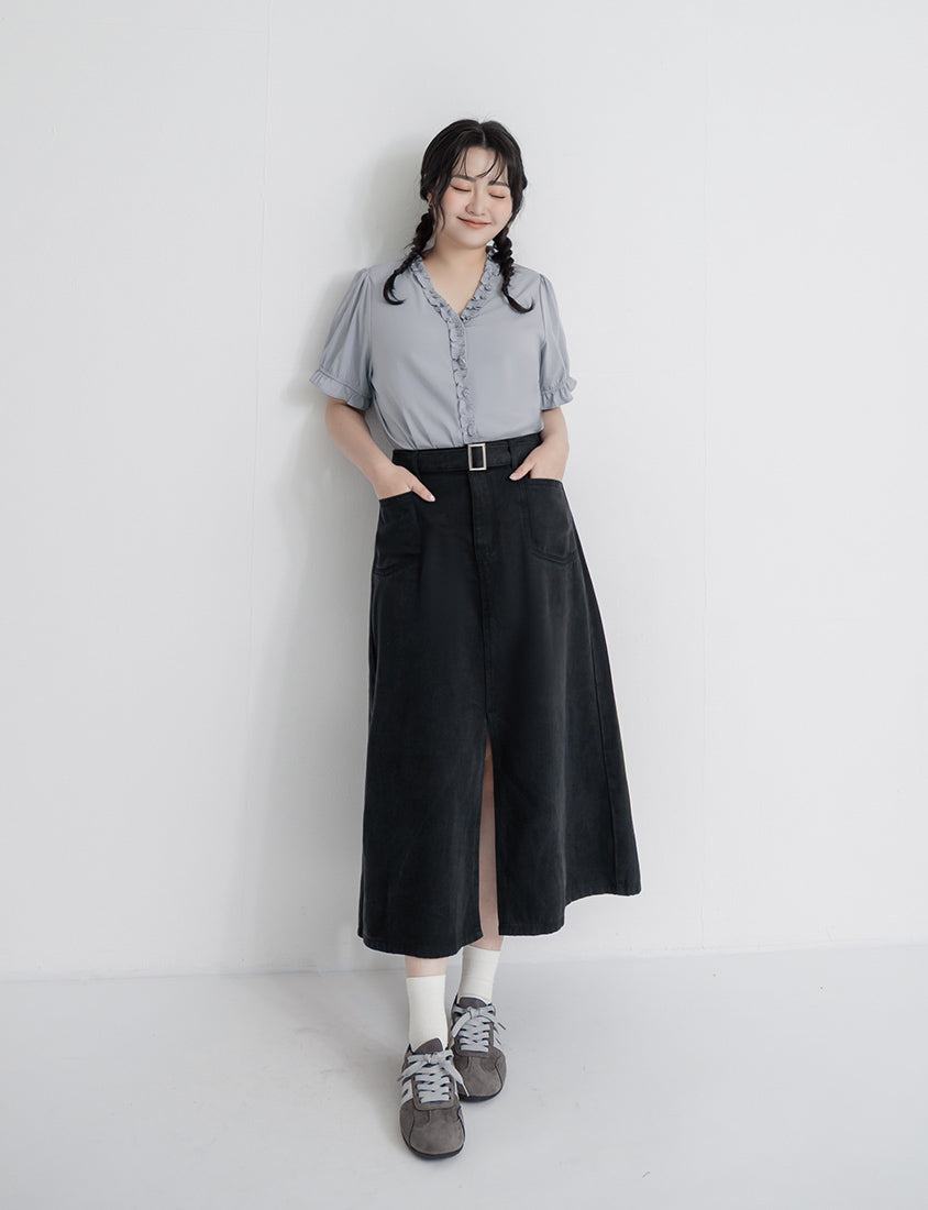 Lyocell Twill A-Line Plus Size Maxi Skirt (With Belt)