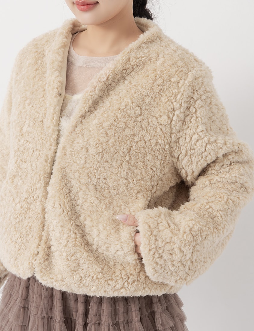 MISS. Japanese Style V-Neck Curly Knit Plus Size Cropped Jacket