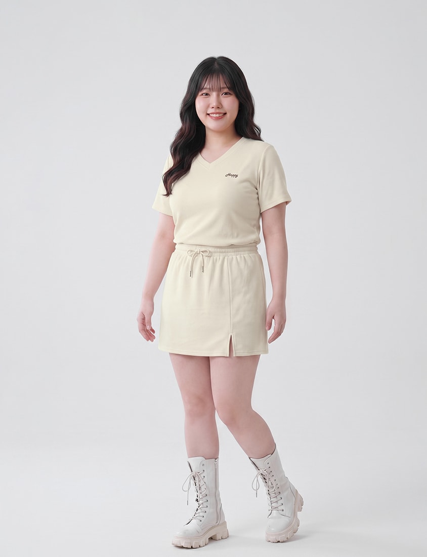 Soft Stretch Cotton Side Slit Drawstring Plus Size Mini Skirt