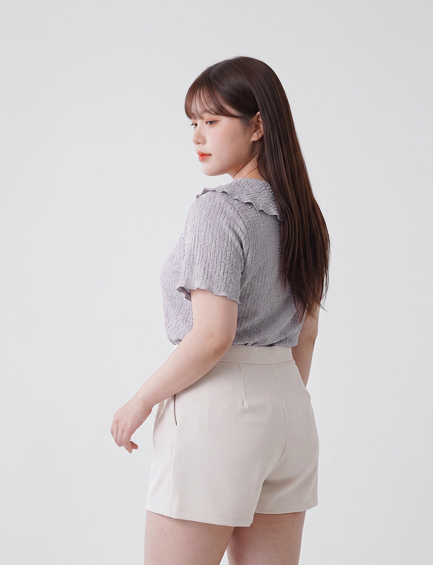 Collared Crinkle Faux Button Short Sleeve Top