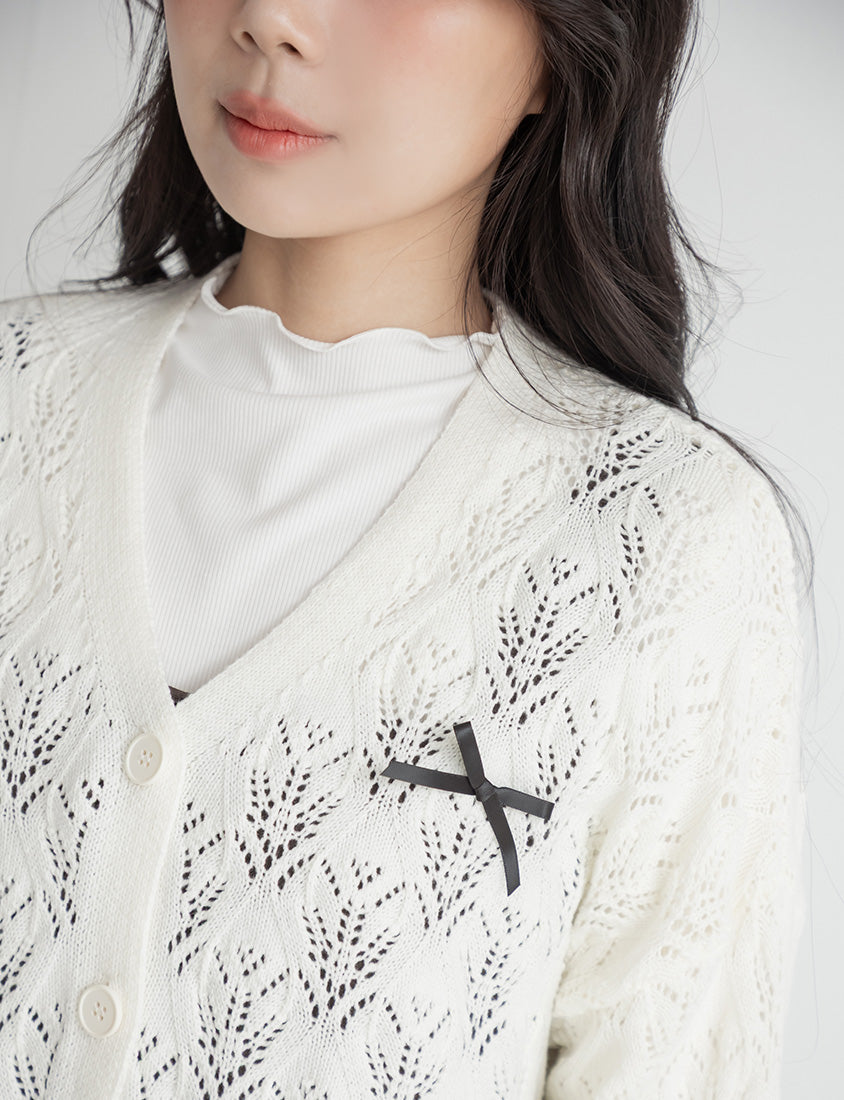 Sweet Bow-Detail Openwork Knit Plus Size Cardigan