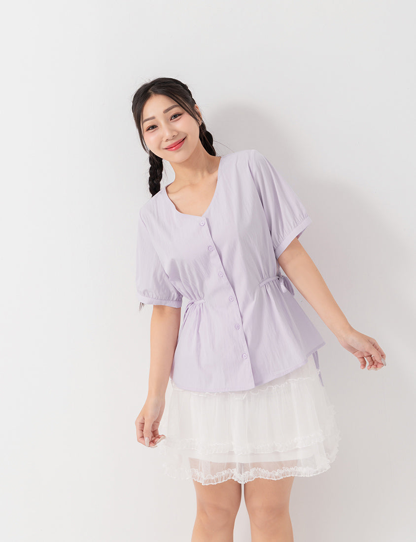 V-Neck Button Front Tie Waist Plus Size Top