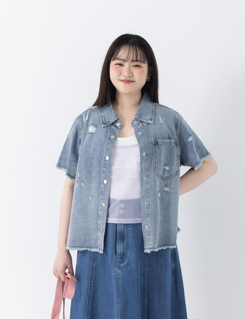 Tencel Silky Denim Distressed Plus Size Shirt Jacket