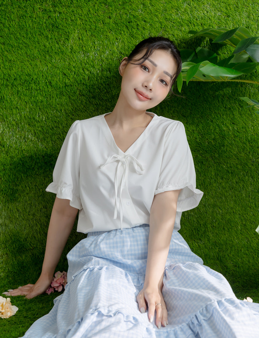 Cooling Tencel Silky Denim-Like Puff Sleeve Plus Size Shirt