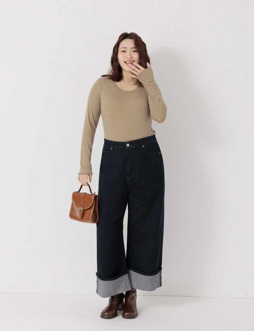 Sheer Tencel Wool Crew Neck Plus Size Long Sleeve Top
