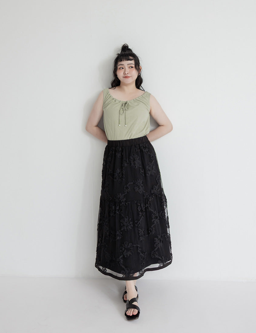 3D Floral Tiered Mesh Plus Size Maxi Skirt