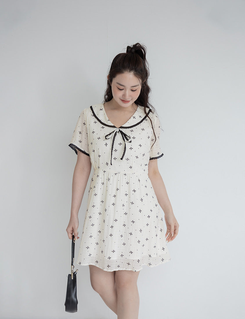 All-Over Bow Collared Plus Size Mini Dress