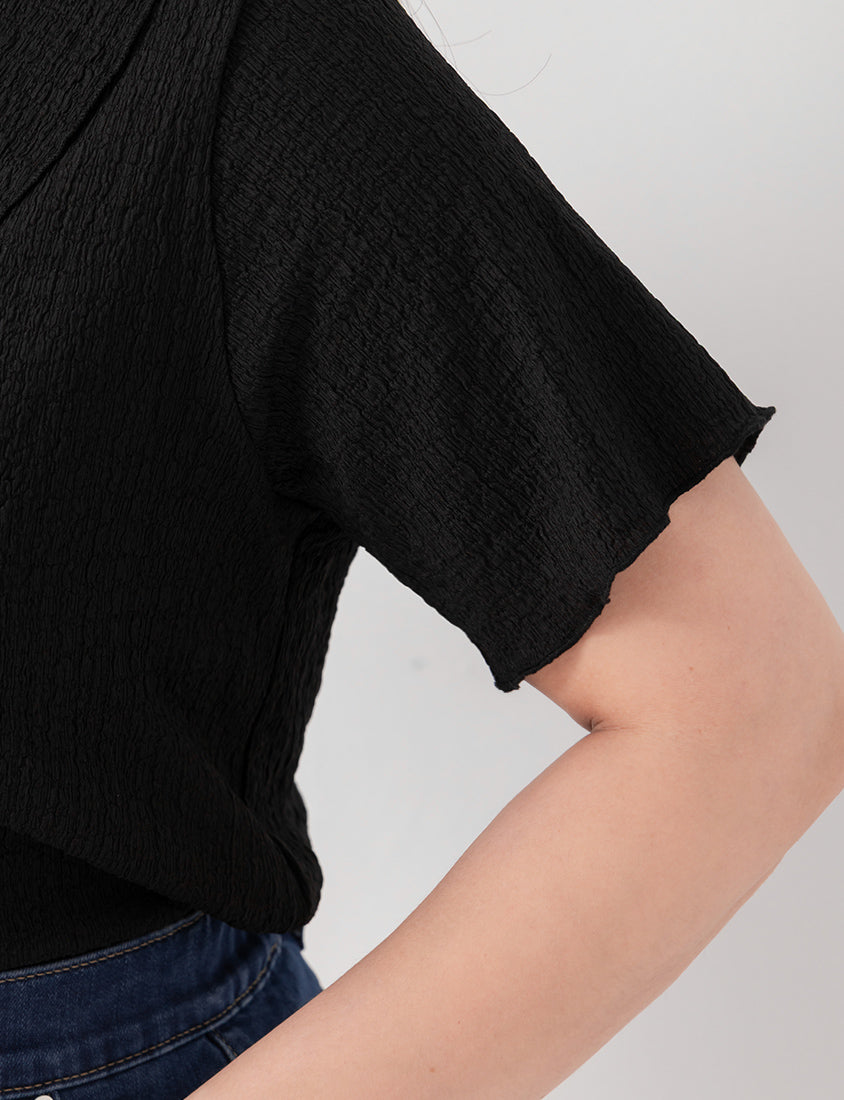 Collared Crinkle Faux Button Short Sleeve Top
