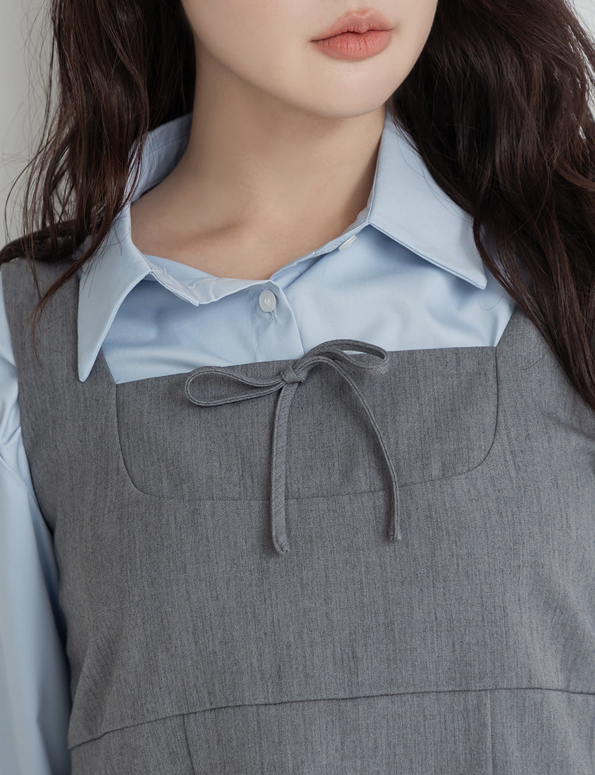 Square Neck Tie-Front Pleated Pinafore Plus Size Mini Dress