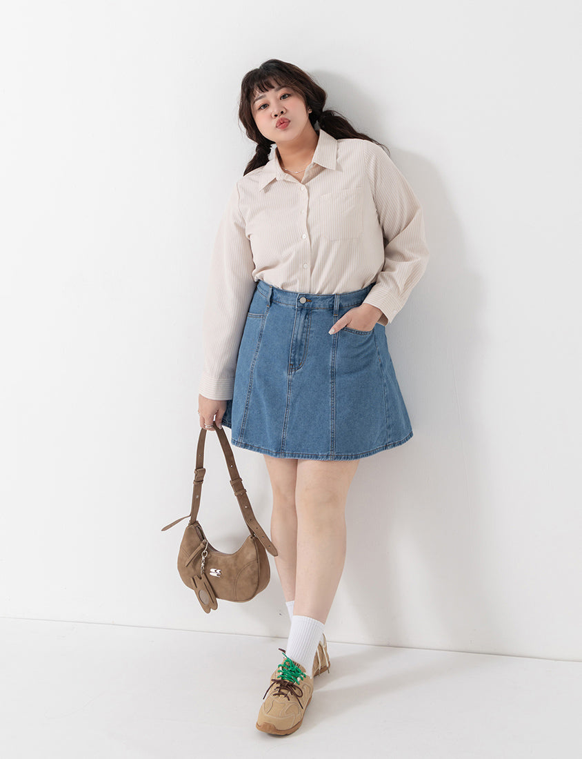 Apple-Shaped Friendly! Perfect Fit Seamed A-Line Denim Plus Size Mini Skirt