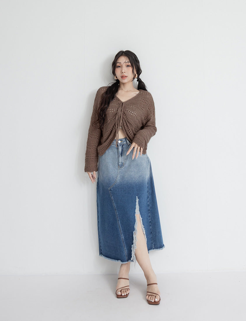 MUA! Lace Openwork Drawstring Knit Plus Size Top