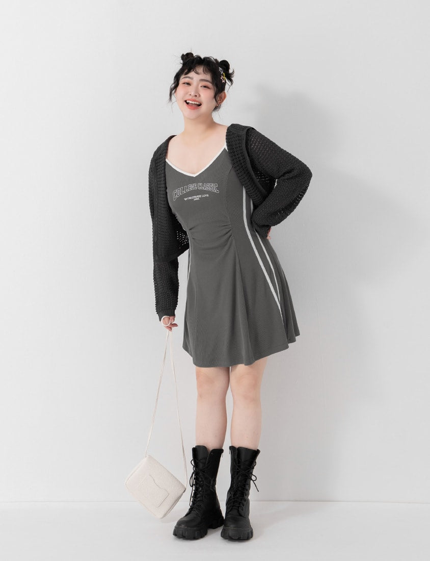 Slim Fit Ribbed V-Neck Letter Print Plus Size Mini Dress