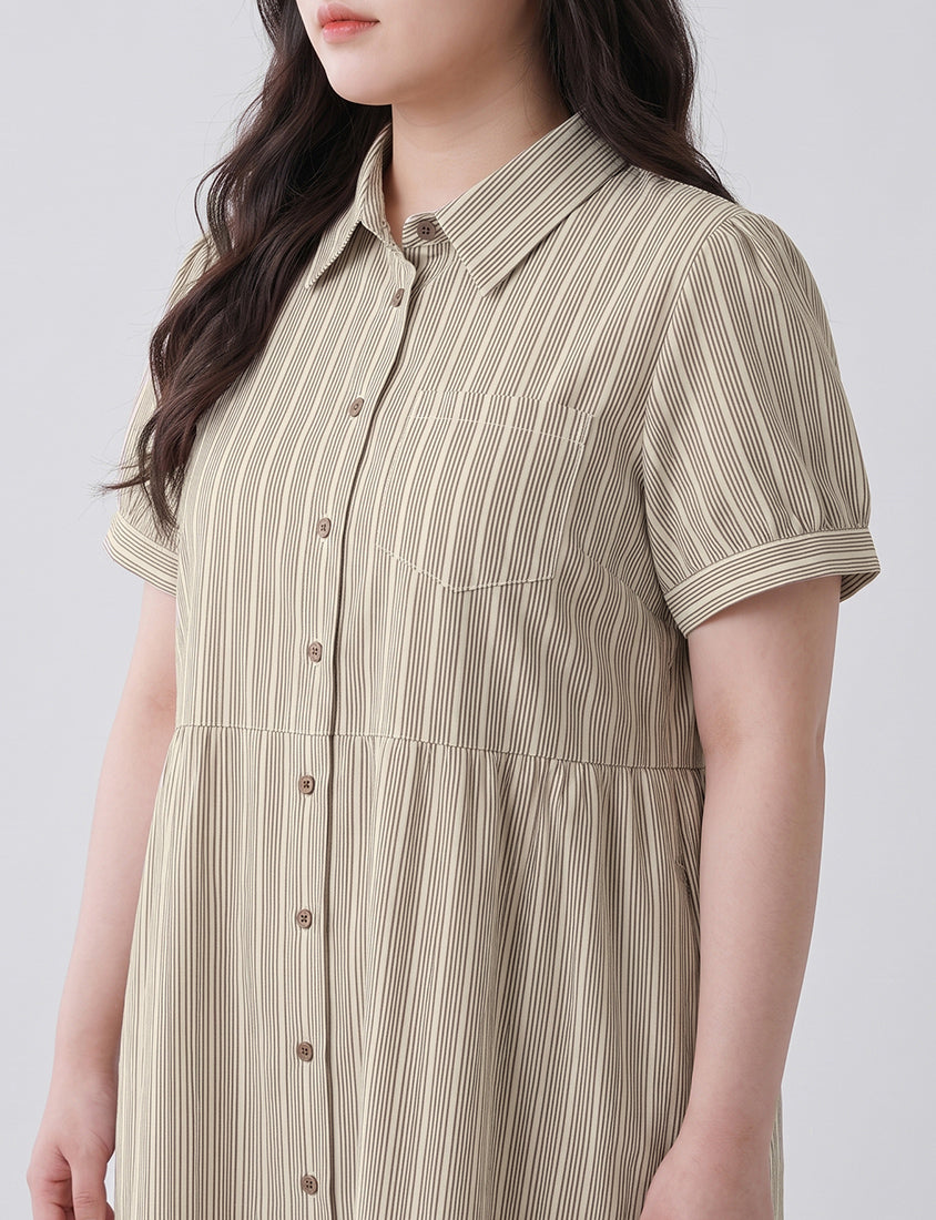 Japanese Contrast Stripe Shirt Collar Plus Size Maxi Dress