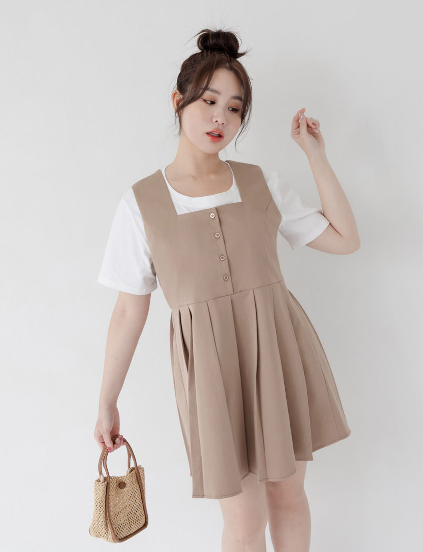 Square Neck Button Pleated Plus Size Mini Dress