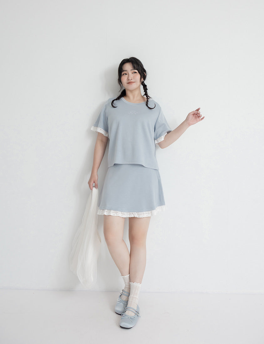 Lace Trim Floral Cloud Cotton Plus Size Tee