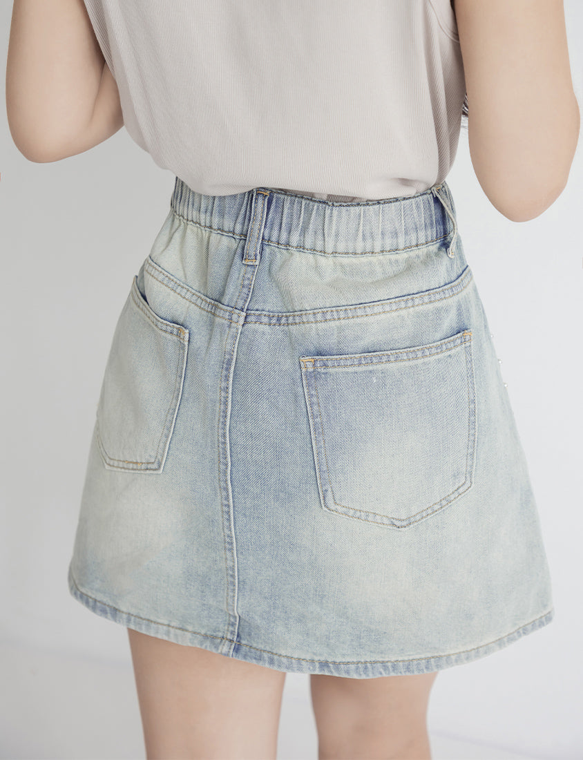MUA! Side Pearl Studded Distressed Denim Plus Size Mini Skirt