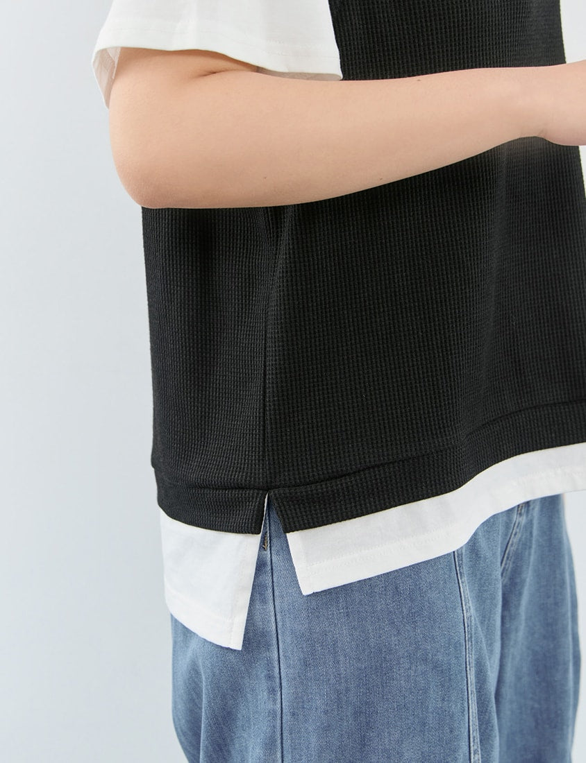 Contrast Waffle Faux Two Piece Plus Size Tee