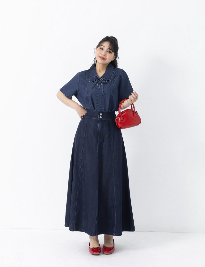 Tencel Silky Denim Tie-Front Collar Plus Size Top