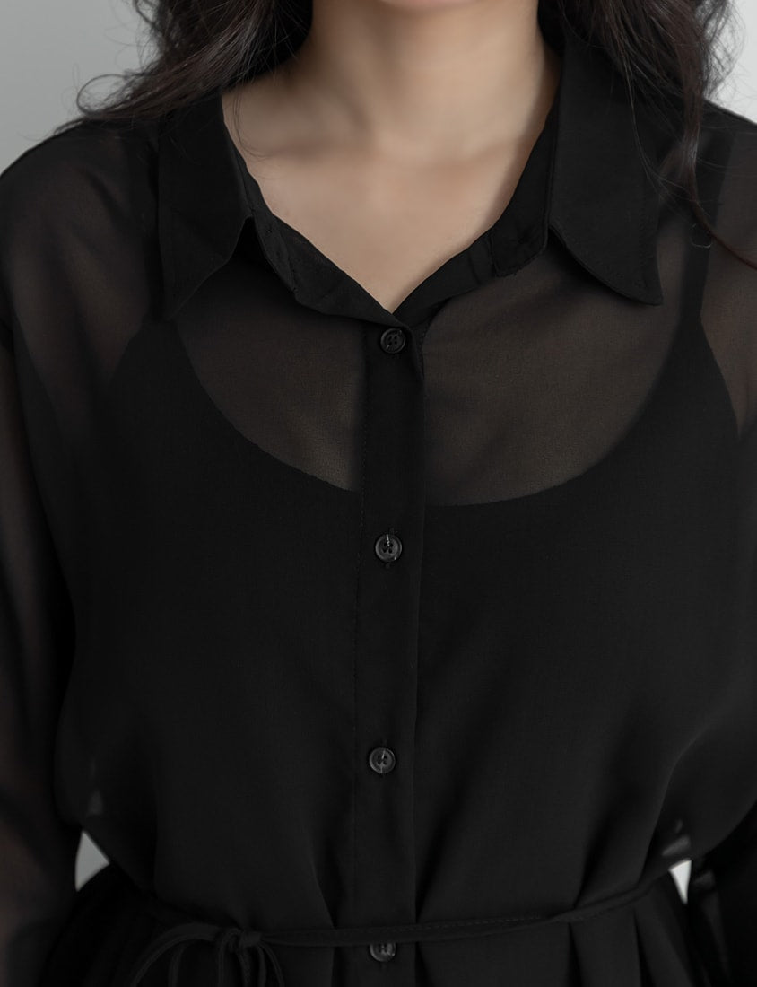 Sheer Shirt With Strap Dress Plus Size Set (With Waist Tie)
