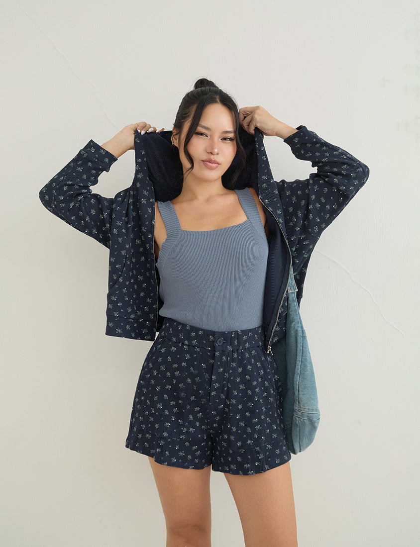 Sweet Floral Waffle Cropped Plus Size Hoodie