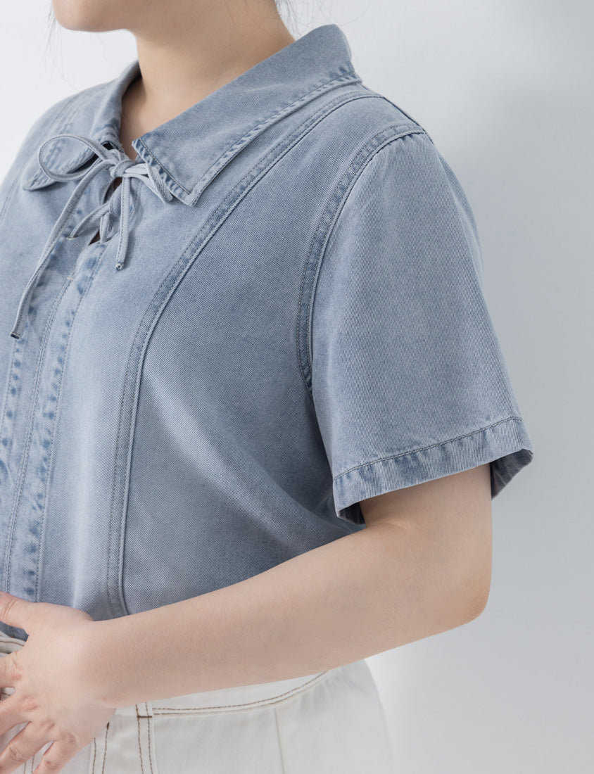 Tencel Silky Denim Tie-Front Collar Plus Size Top