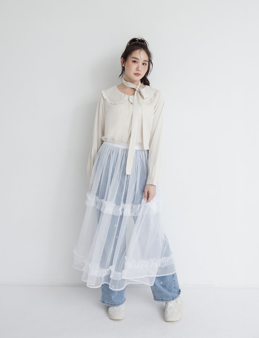 Satin Ruffle Fairy Collar Plus Size Blouse (with Tie)