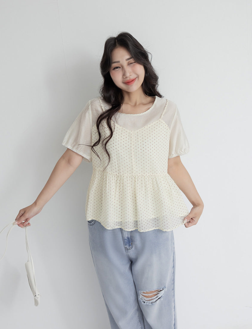 Cute Floral Print Faux Two Piece Plus Size Top