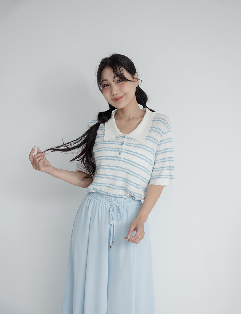Collared Striped Knit Short Sleeve Plus Size Top