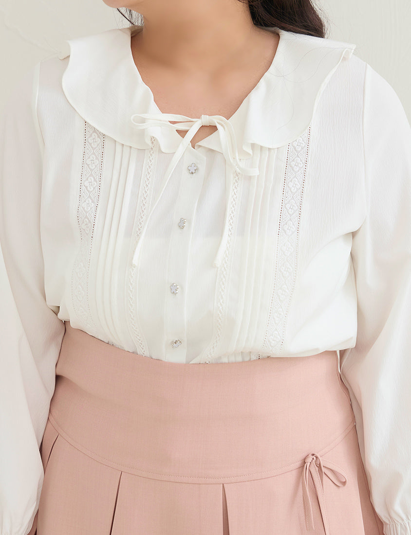 Romantic Ruffle Collar Lace Floral Button-Up Plus Size Blouse