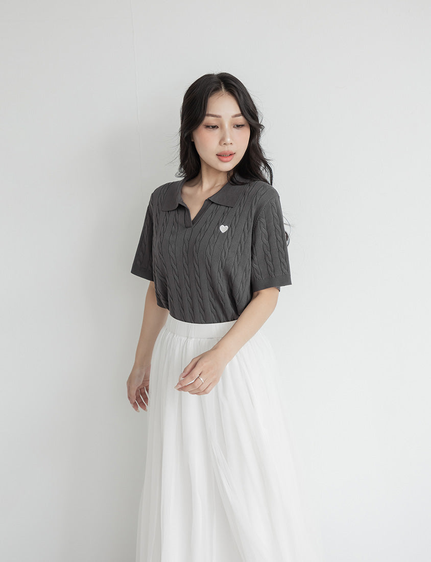 Heart Embroidered V-Neck Cable Knit Short Sleeve Plus Size Top